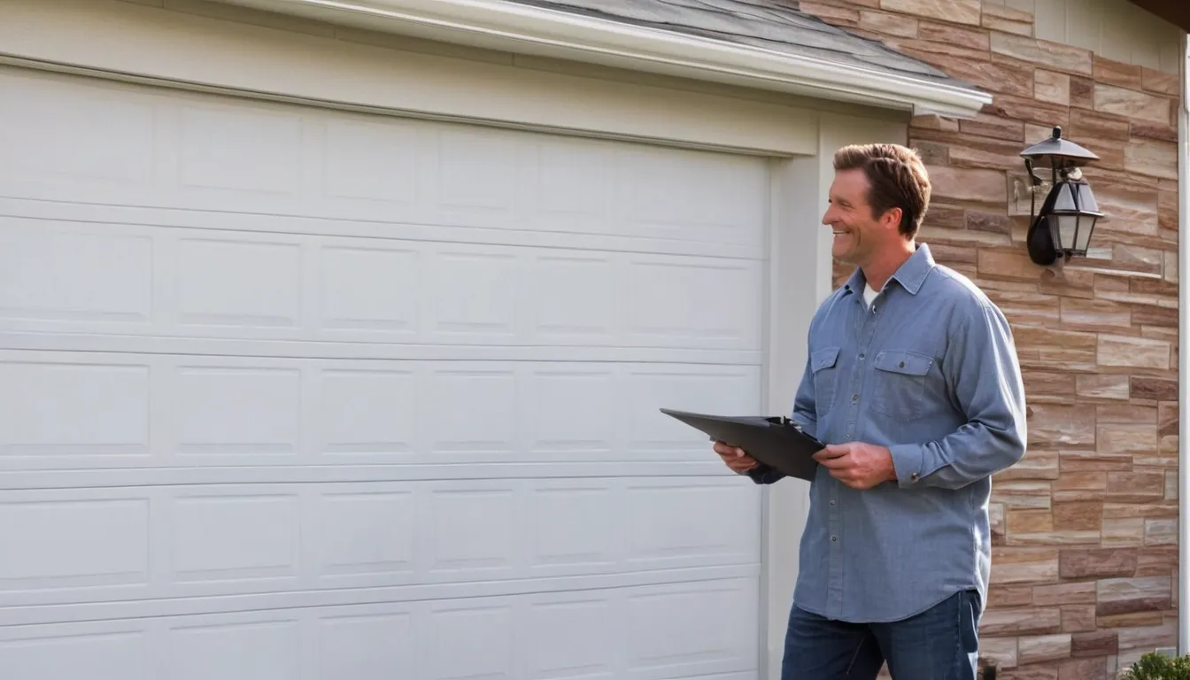 Friendly garage door provider checking a spring above a garage door at a home in Stockbridge